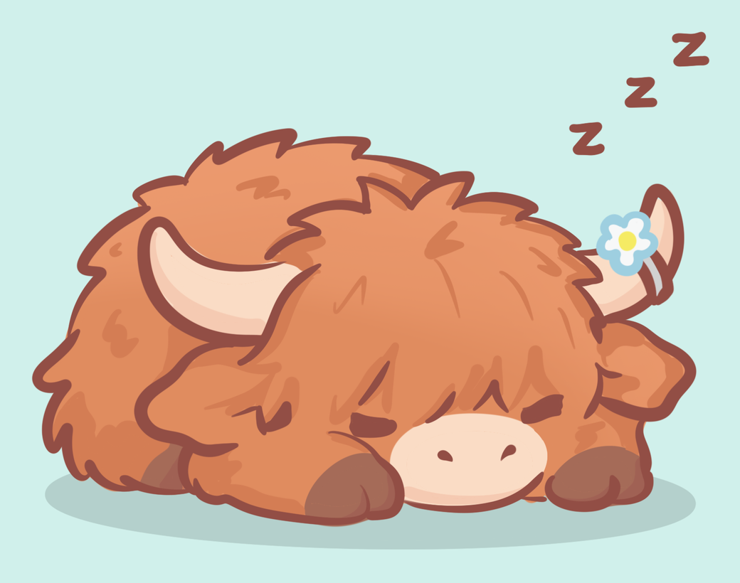Moombles, a fluffy highland cow, sleeping with a little flower on his horn